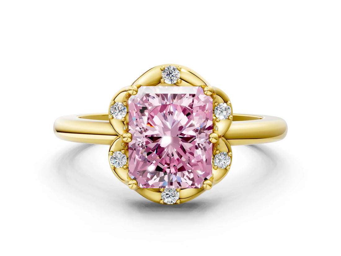 Yellow gold Fancy Pink Radiant  Halo Diamond Ring with Round Cluster Setting, Solitaire Band, and Four-Prong Setting_49