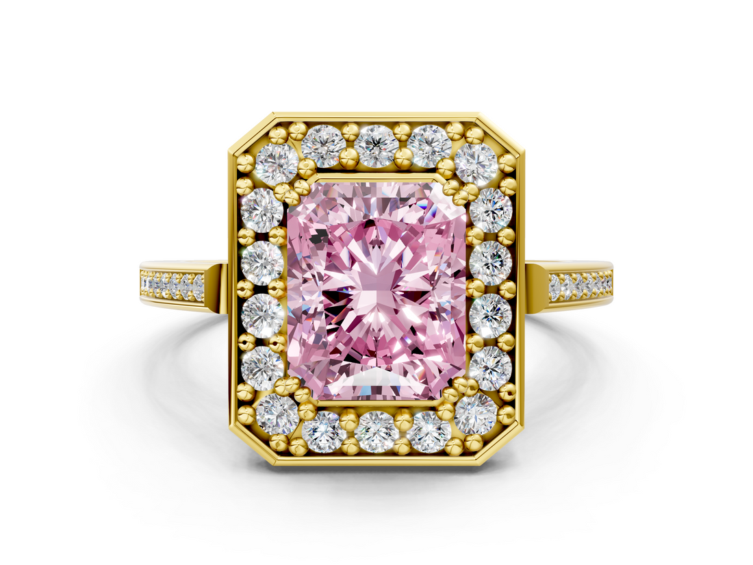 Yellow gold Fancy Pink Radiant  Halo Diamond Ring with Split Shank and Four-Prong Setting_53