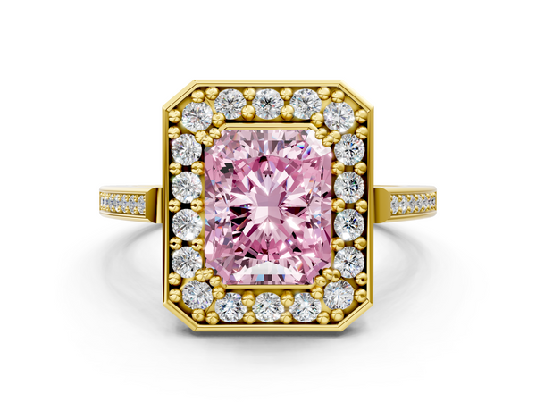 Yellow gold Fancy Pink Radiant Cut Diamond Halo Ring with Split Shank and Four-Prong Setting