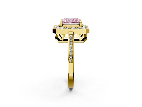 Yellow gold Fancy Pink Radiant Cut Diamond Halo Ring with Split Shank and Four-Prong Setting