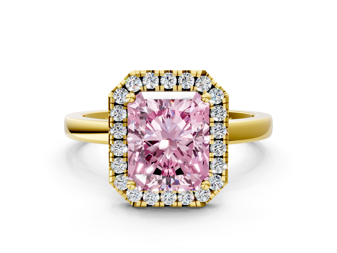 Yellow gold Fancy Pink Radiant  Halo Diamond Solitaire with Pavé Band and Four-Prong Setting_75