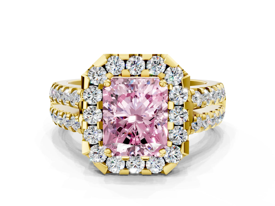Yellow gold Fancy Pink Radiant  Halo Diamond Split Shank Engagement Ring with Prong Setting_57