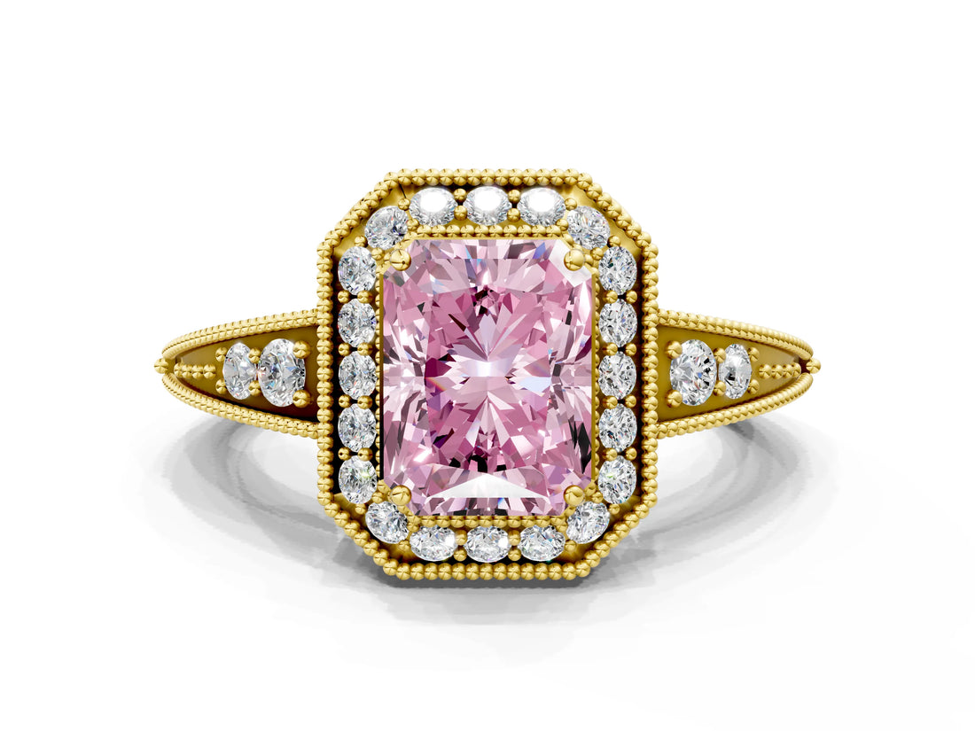 Yellow gold Fancy Pink Radiant  Halo Diamond Split Shank Ring with Milgrain Detail_47