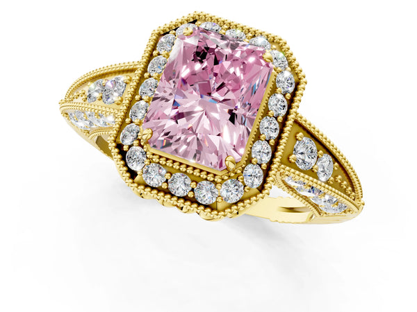 Yellow gold Fancy Pink Radiant  Halo Diamond Split Shank Ring with Milgrain Detail