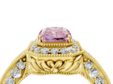 Yellow gold Fancy Pink Radiant  Halo Diamond Split Shank Ring with Milgrain Detail_51