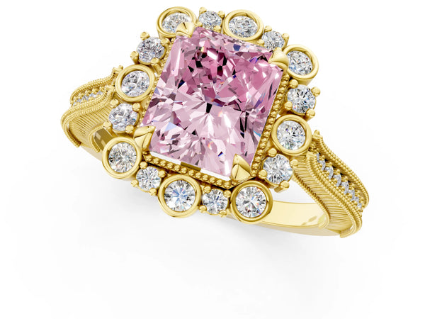 Yellow gold Fancy Pink Radiant  Halo Milgrain Pave Diamond Ring with Four-Prong Setting