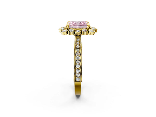 Yellow gold Fancy Pink Radiant  Halo Milgrain Pave Diamond Ring with Four-Prong Setting