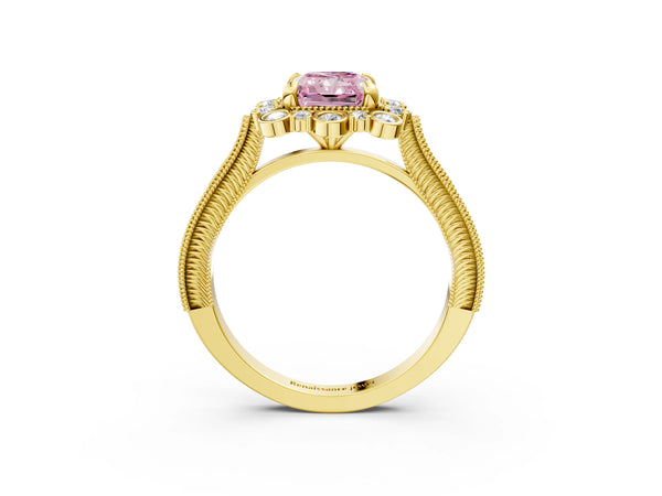 Yellow gold Fancy Pink Radiant  Halo Milgrain Pave Diamond Ring with Four-Prong Setting