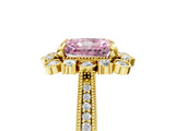 Yellow gold Fancy Pink Radiant  Halo Milgrain Pave Diamond Ring with Four-Prong Setting 5