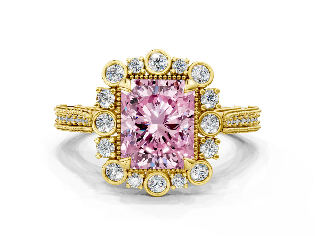 Yellow gold Fancy Pink Radiant  Halo Milgrain Pave Diamond Ring with Four-Prong Setting