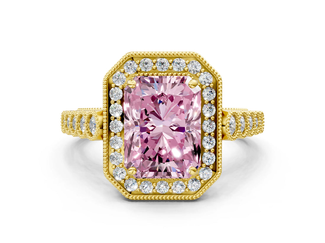 Yellow gold Fancy Pink Radiant  Halo Milgrain Solitaire with Bezel Set Side Stones and Pave Band_31