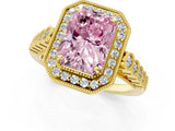 Yellow gold Fancy Pink Radiant  Halo Milgrain Solitaire with Bezel Set Side Stones and Pave Band_32
