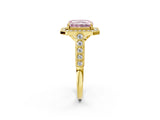 Yellow gold Fancy Pink Radiant  Halo Milgrain Solitaire with Bezel Set Side Stones and Pave Band_33