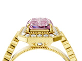 Yellow gold Fancy Pink Radiant  Halo Milgrain Solitaire with Bezel Set Side Stones and Pave Band_35