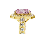 Yellow gold Fancy Pink Radiant  Halo Milgrain Solitaire with Bezel Set Side Stones and Pave Band_36