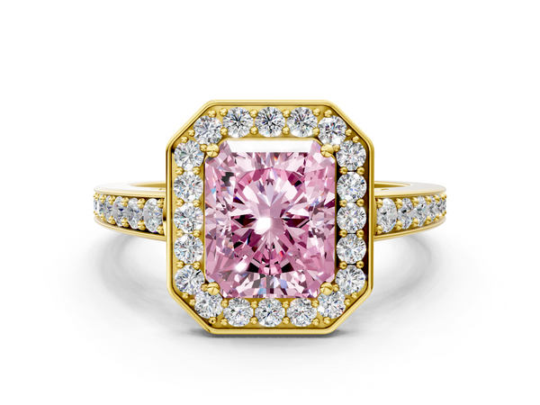 Yellow gold Fancy Pink Radiant  Halo Pavé Diamond Engagement Ring with Bezel Setting