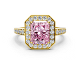 14K Yellow Gold 2.35 Carat Pink VS1 Radiant Halo Pavé Diamond Engagement Ring with Bezel Setting