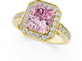 14K Yellow Gold 2.35 Carat Pink VS1 Radiant Halo Pavé Diamond Engagement Ring with Bezel Setting