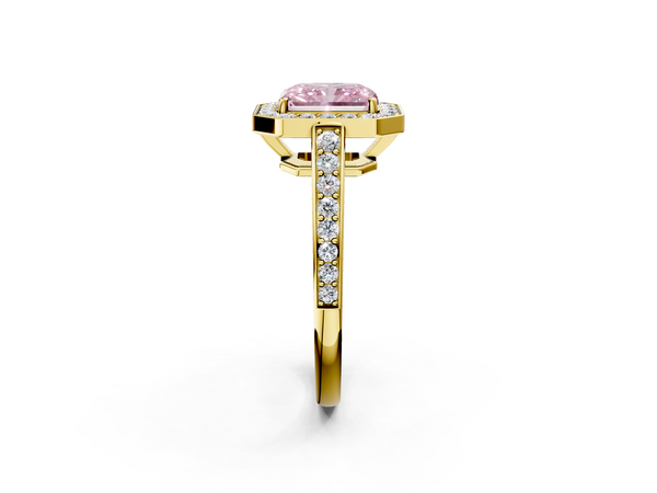 14K Yellow Gold 2.35 Carat Pink VS1 Radiant Halo Pavé Diamond Engagement Ring with Bezel Setting