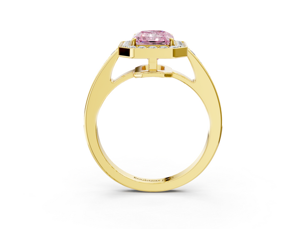 14K Yellow Gold 2.35 Carat Pink VS1 Radiant Halo Pavé Diamond Engagement Ring with Bezel Setting