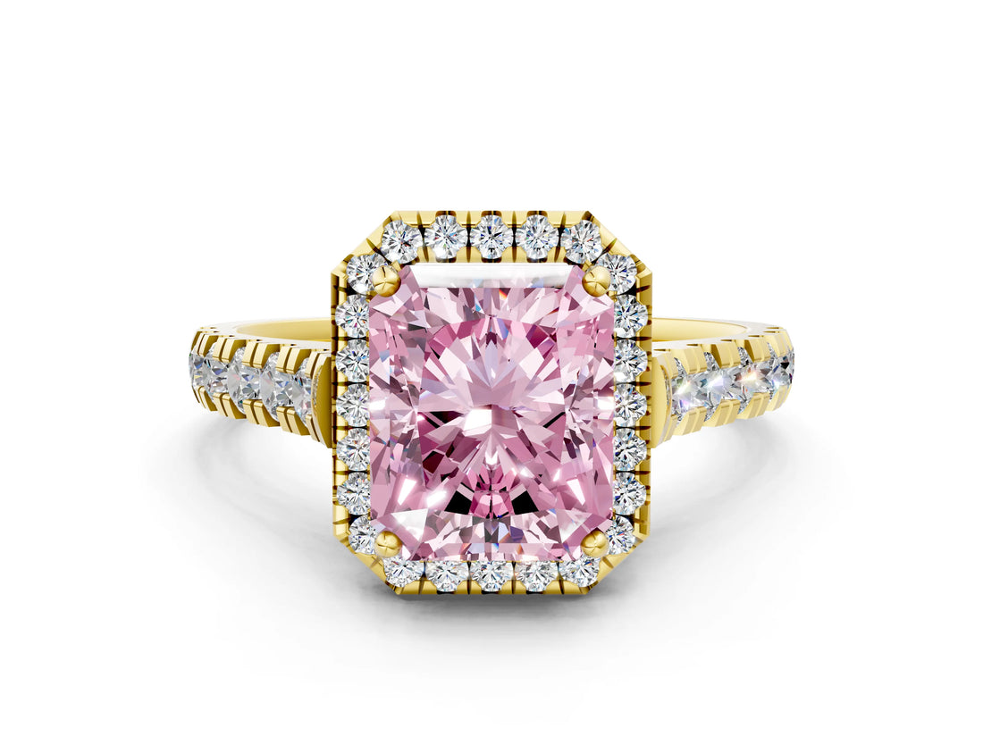 Yellow gold Fancy Pink Radiant  Halo Pavé Diamond Engagement Ring with Four-Prong Setting_26