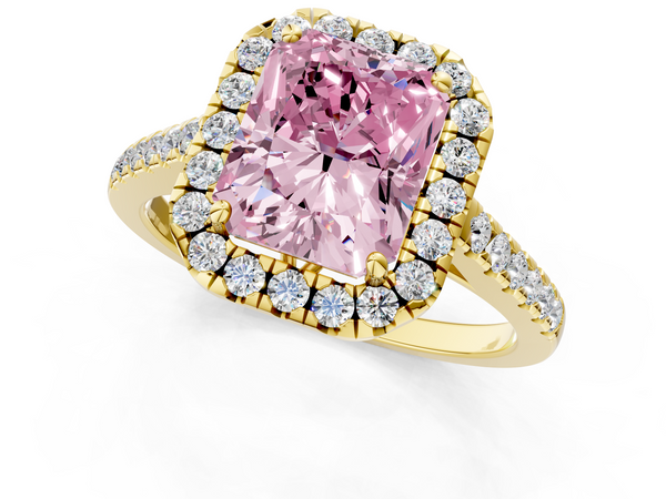 Yellow gold Fancy Pink Radiant  Halo Pavé Diamond Engagement Ring with Four-Prong Setting