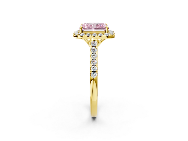 Yellow gold Fancy Pink Radiant  Halo Pavé Diamond Engagement Ring with Four-Prong Setting