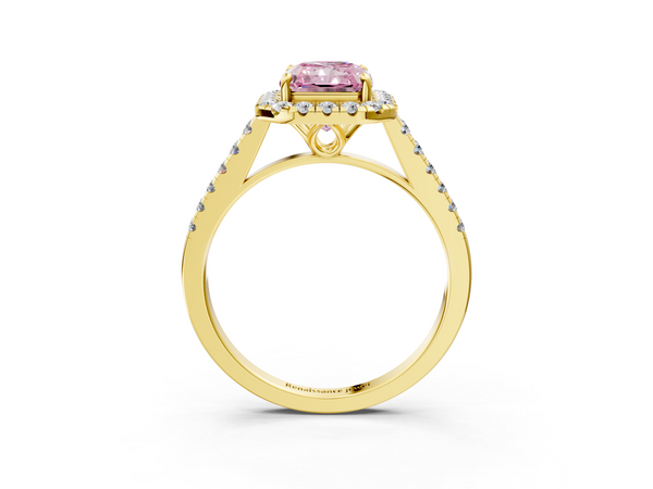 Yellow gold Fancy Pink Radiant  Halo Pavé Diamond Engagement Ring with Four-Prong Setting