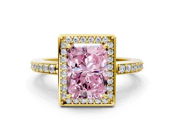 Yellow gold Fancy Pink Radiant  Halo Pave Band Solitaire Ring with Prong Setting