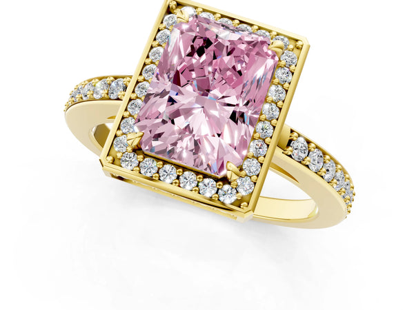 Yellow gold Fancy Pink Radiant  Halo Pave Band Solitaire Ring with Prong Setting