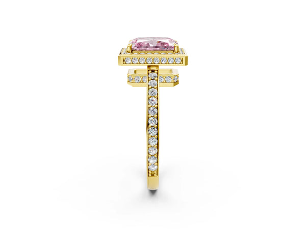 Yellow gold Fancy Pink Radiant  Halo Pave Band Solitaire Ring with Prong Setting