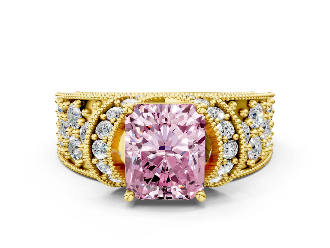 Yellow gold Fancy Pink Radiant  Halo Pave Diamond Engagement Ring with Milgrain Detailing_49
