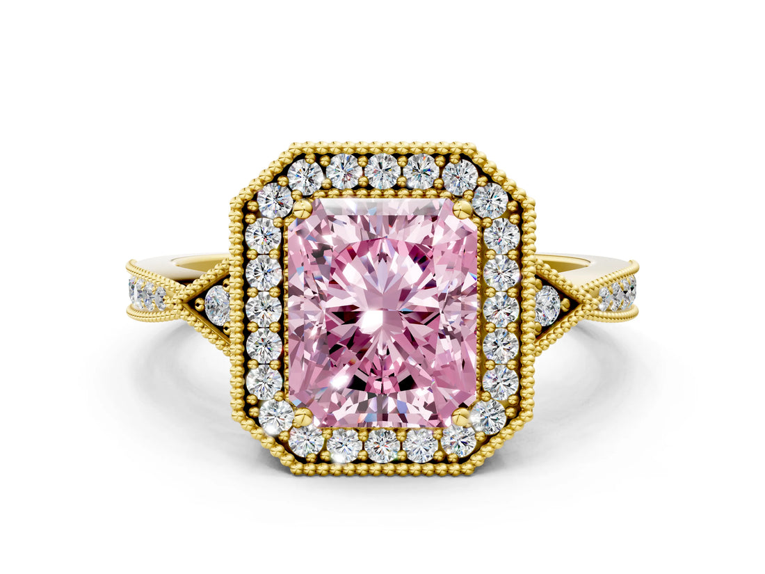 Yellow gold Fancy Pink Radiant  Halo Round Diamond Milgrain Pave Engagement Ring_3