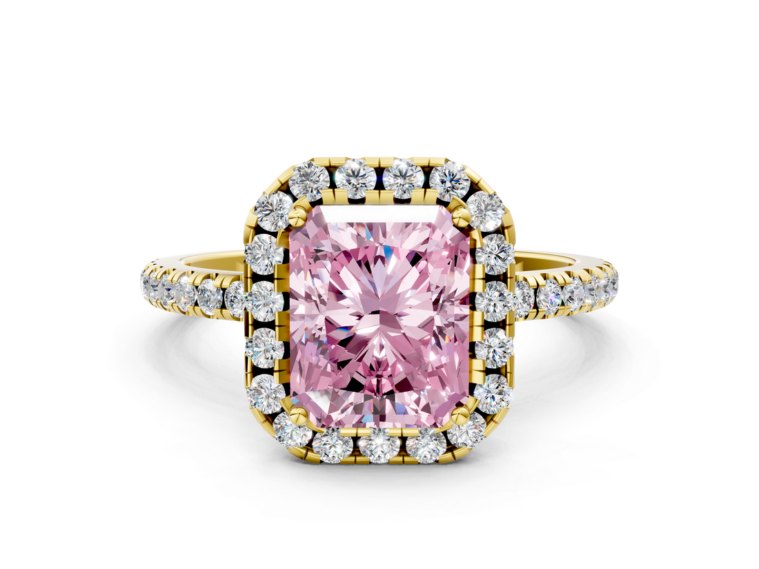 Yellow gold Fancy Pink Radiant  Halo Round Diamond Pavé Band Four-Prong Ring_3
