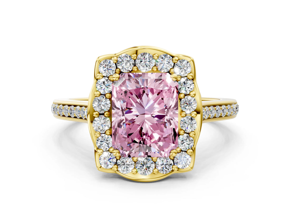 Yellow gold Fancy Pink Radiant  Halo Round Diamond Pave Band with Four-Prong Setting_38