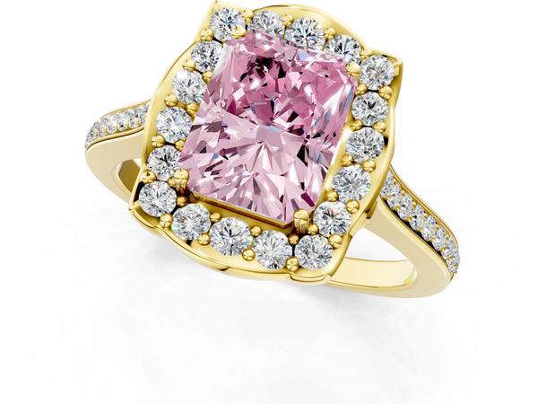 Yellow gold Fancy Pink Radiant  Halo Round Diamond Pave Band with Four-Prong Setting