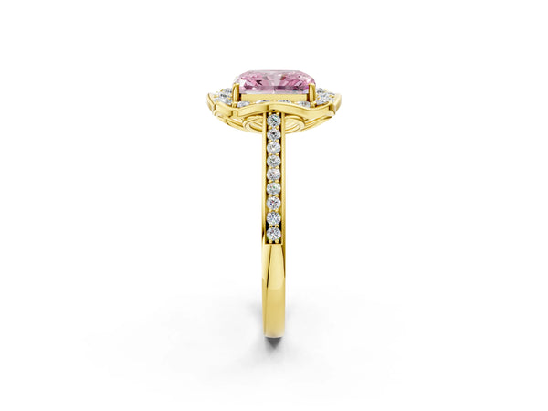 Yellow gold Fancy Pink Radiant  Halo Round Diamond Pave Band with Four-Prong Setting