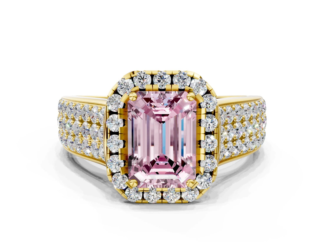 Yellow gold Fancy Pink Radiant  Halo Round Diamond Pave Band with Prong Setting 1