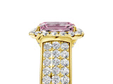 Yellow gold Fancy Pink Radiant  Halo Round Diamond Pave Band with Prong Setting