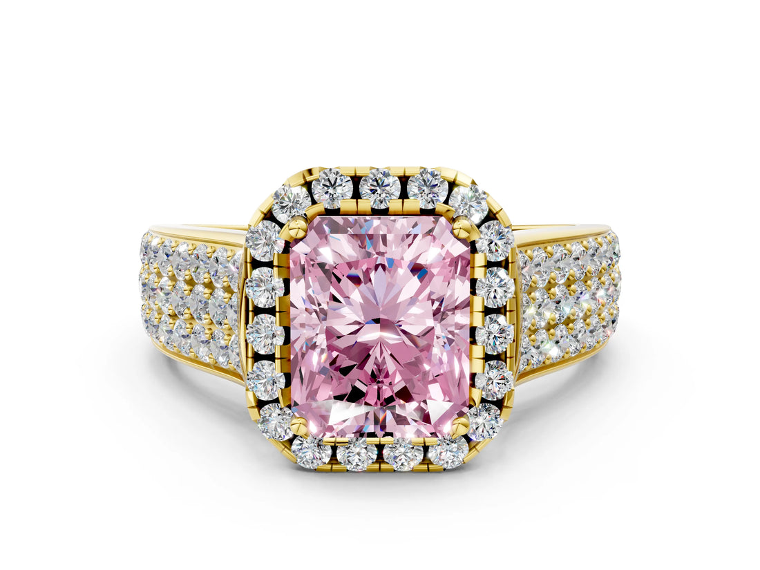 Yellow gold Fancy Pink Radiant  Halo Round Diamond Pave Band with Prong Setting_38