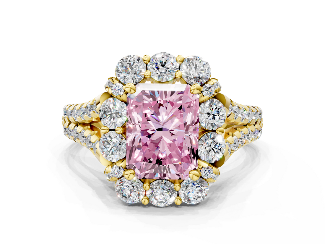 Yellow gold Fancy Pink Radiant  Halo Split Shank Diamond Engagement Ring with Pave Band and Four-Prong Setting_54