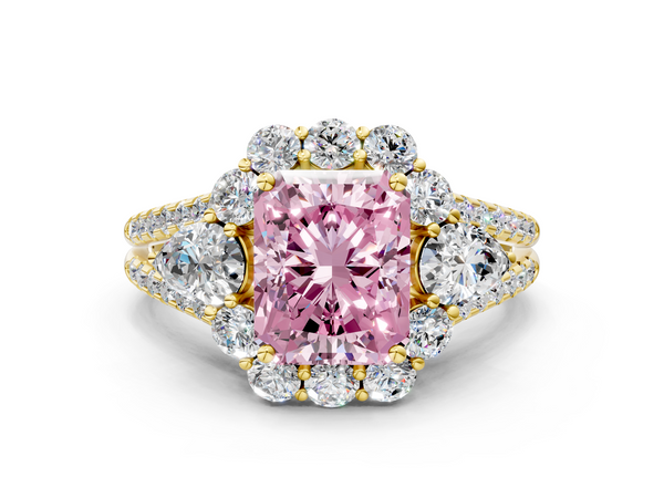 Yellow gold Fancy Pink Radiant  Halo Split Shank Diamond Engagement Ring with Prong Setting