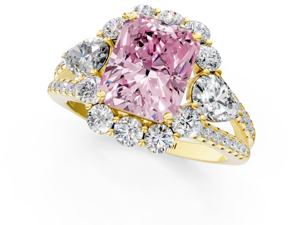 Yellow gold Fancy Pink Radiant  Halo Split Shank Diamond Engagement Ring with Prong Setting
