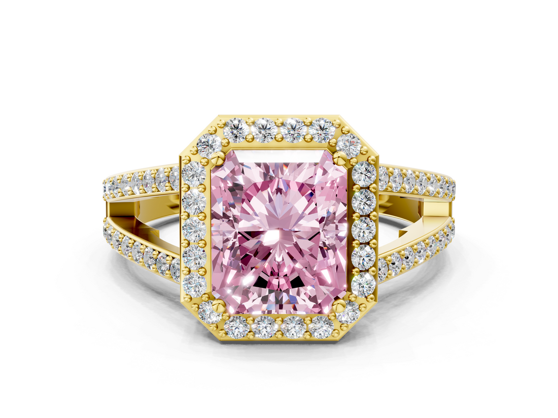 Yellow gold Fancy Pink Radiant  Halo Split Shank Diamond Ring with Four-Prong Setting_32