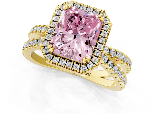Yellow gold Fancy Pink Radiant  Halo Split Shank Diamond Ring with Pavé Setting