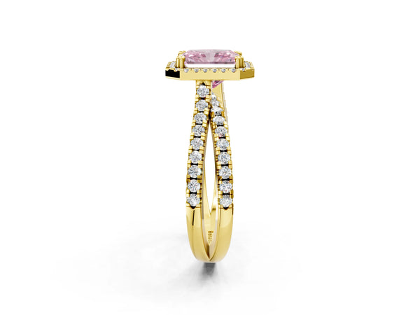 Yellow gold Fancy Pink Radiant  Halo Split Shank Diamond Ring with Pavé Setting