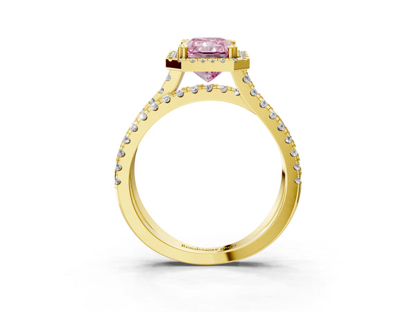 Yellow gold Fancy Pink Radiant  Halo Split Shank Diamond Ring with Pavé Setting