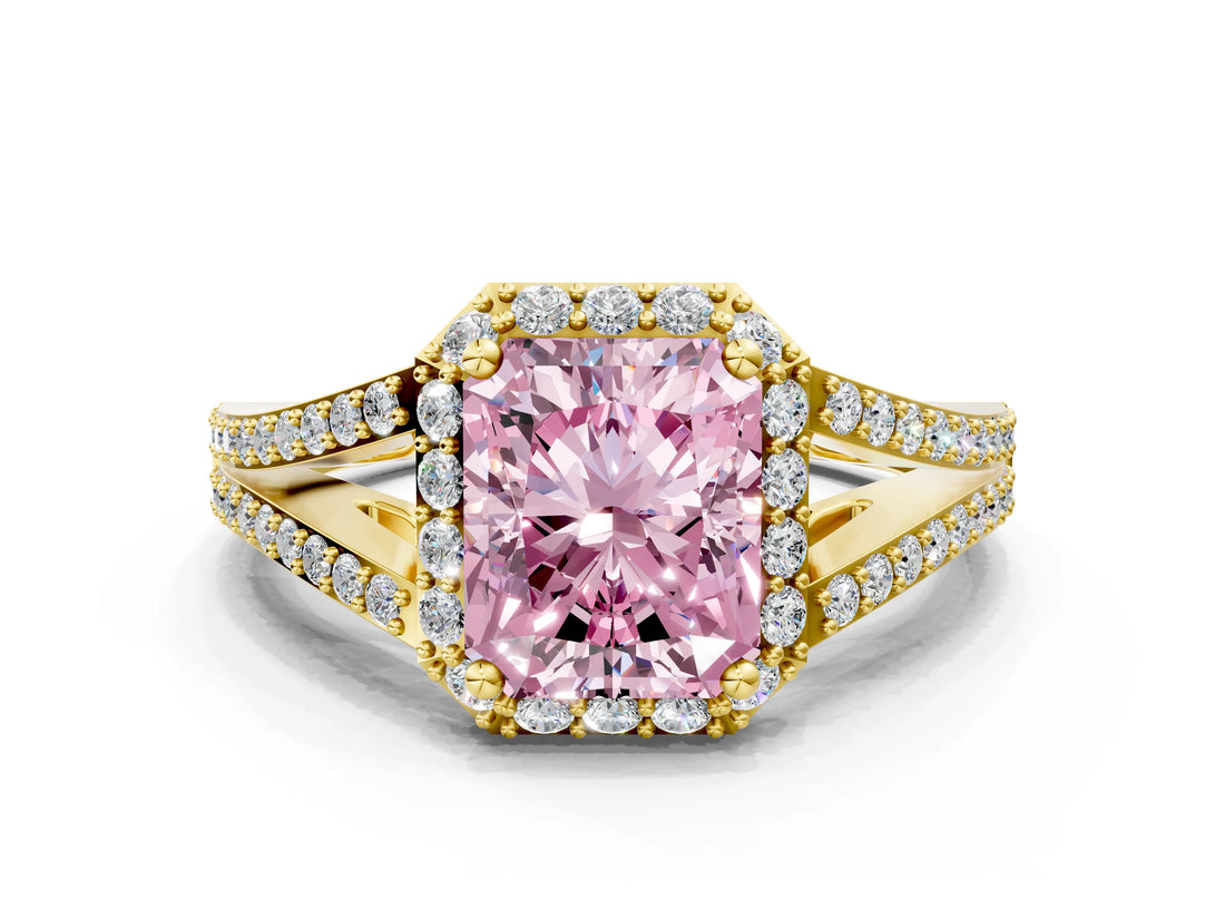 Yellow gold Fancy Pink Radiant  Halo Split Shank Pave Diamond Ring with Four-Prong Setting_49