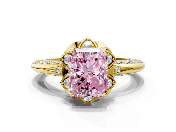 Yellow gold Fancy Pink Radiant  Halo Split Shank Pave Diamond Ring with Petal Prong Setting