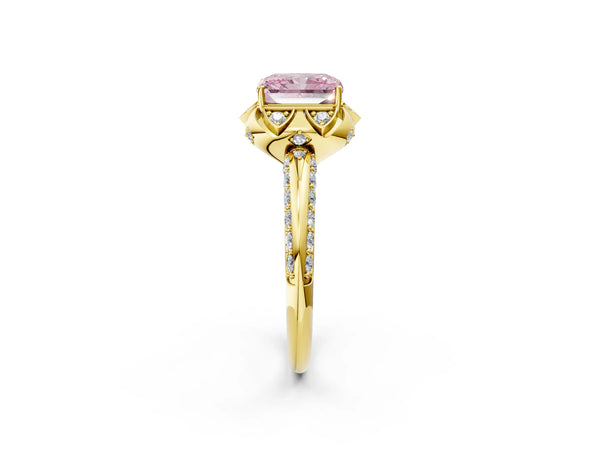 Yellow gold Fancy Pink Radiant  Halo Split Shank Pave Diamond Ring with Petal Prong Setting